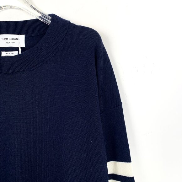 CM0191 Thom Browne Navy Wool Knit Sweater With White Stripes & Button Details - Picture 3 of 8